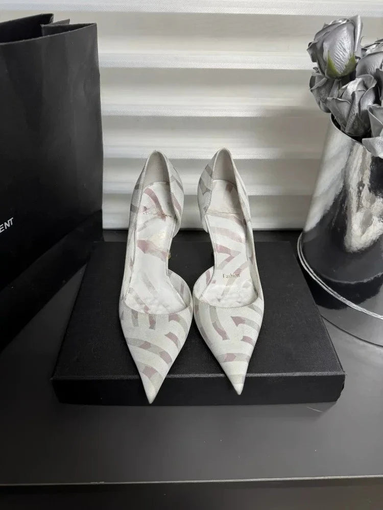 12cm Striped Non Tiring Feet Socialite Pointed Sandals