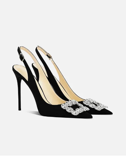 Black Rhinestone Square Buckle High-Heeled Shoes