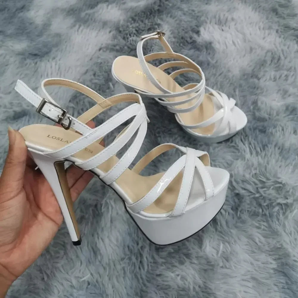 14cm Super High Heels Leather Platform Ankle Strap Sandals