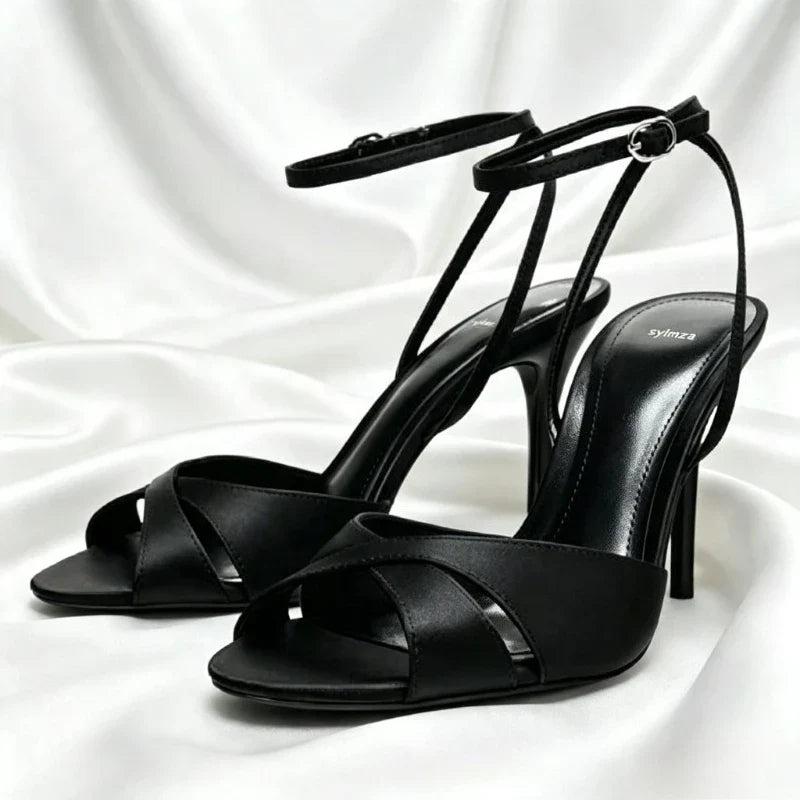Black Cross Tied Satin Heeled Sandals