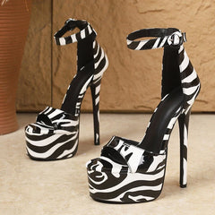 Designer Zebra Stripe Open Toe Ankle Zip Cover Strap Women Sexy 16CM Sandal Platform High Heels Club Strip Pole Dance Shoe