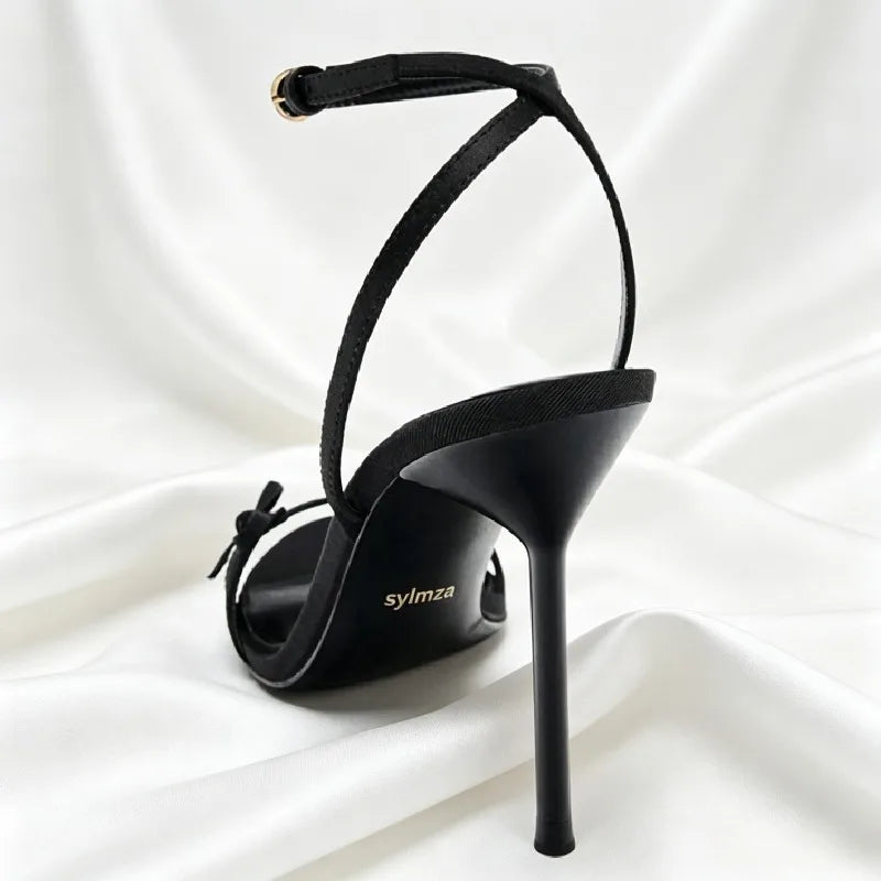 Black Satin Narrow-band Heeled Sandals