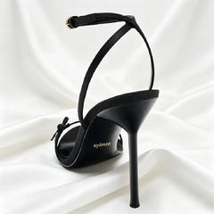 Black Satin Narrow-band Heeled Sandals