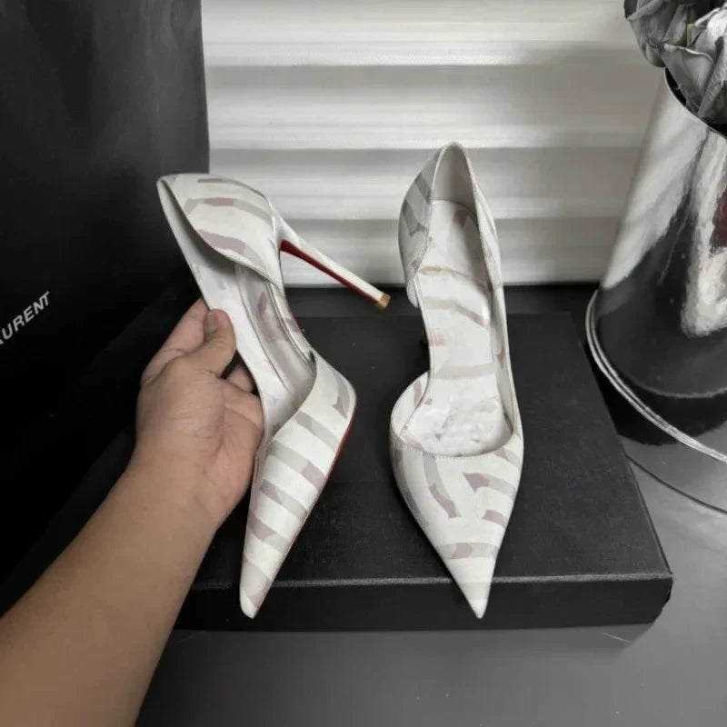 12cm Striped Non Tiring Feet Socialite Pointed Sandals