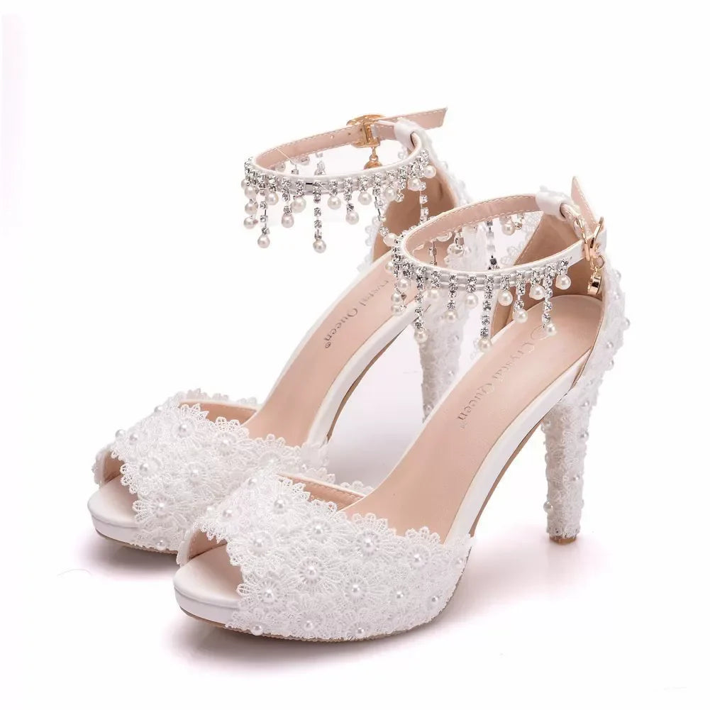 fish mouth white lace beaded thin heel