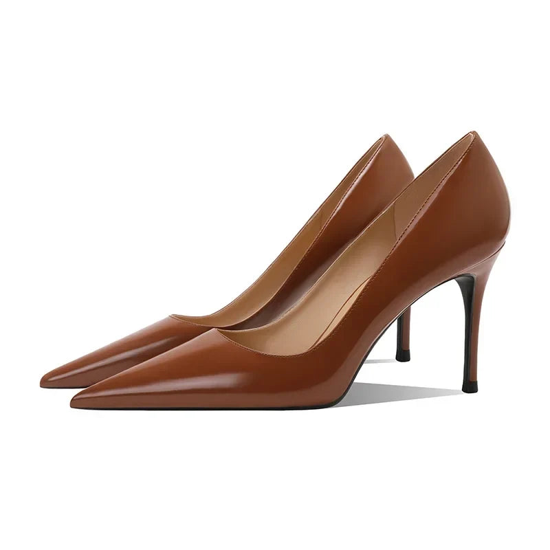 brown patent leather pointed thin heel