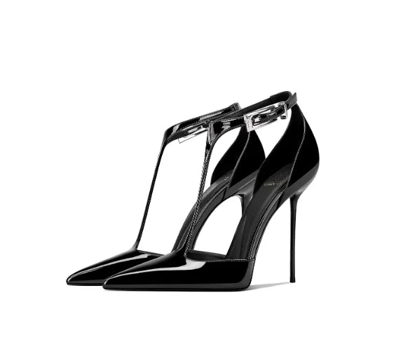 Brown Patent Leather Pointed Thin Heel High-Heeled Shoes