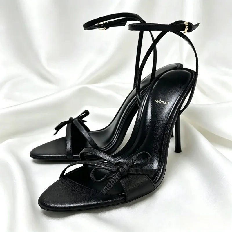 Black Satin Narrow-band Heeled Sandals