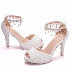 fish mouth white lace beaded thin heel