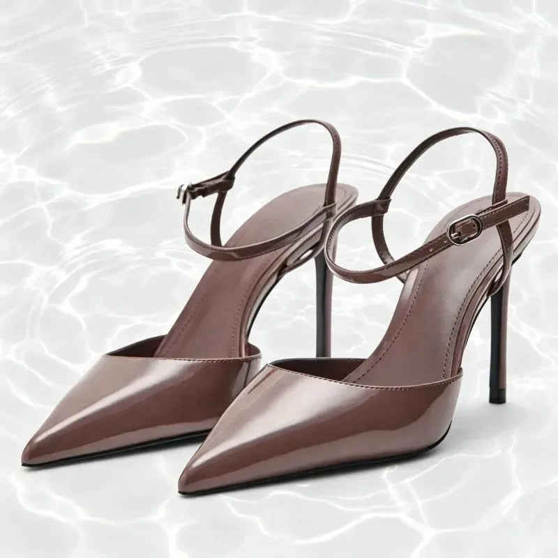 Brown Patent Leather Ankle Buckle Stiletto Sandals