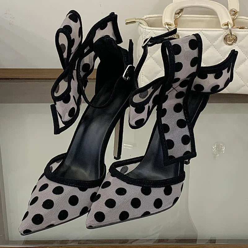 Butterfly-kont Polka Dot Breathable Mesh Pointed Toe Women Pumps