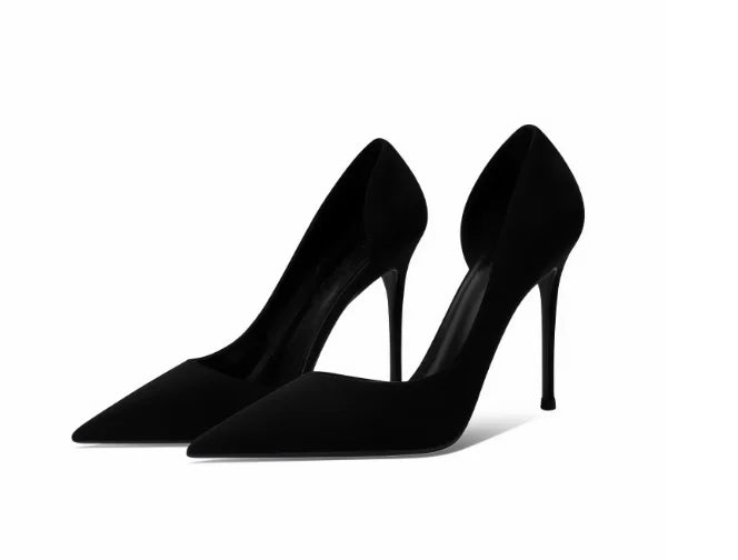 Black suede pointed high heels