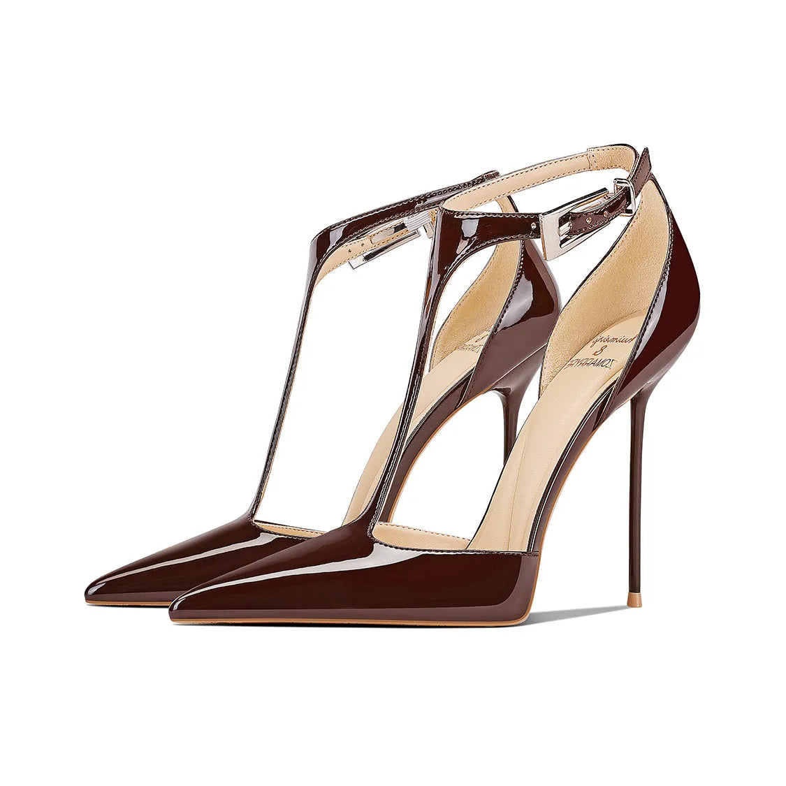 Brown Patent Leather Pointed Thin Heel High-Heeled Shoes