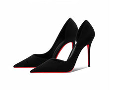 Black suede pointed high heels