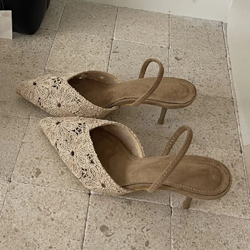 Flower Hollow Out Pointed Toe Mule Pumps