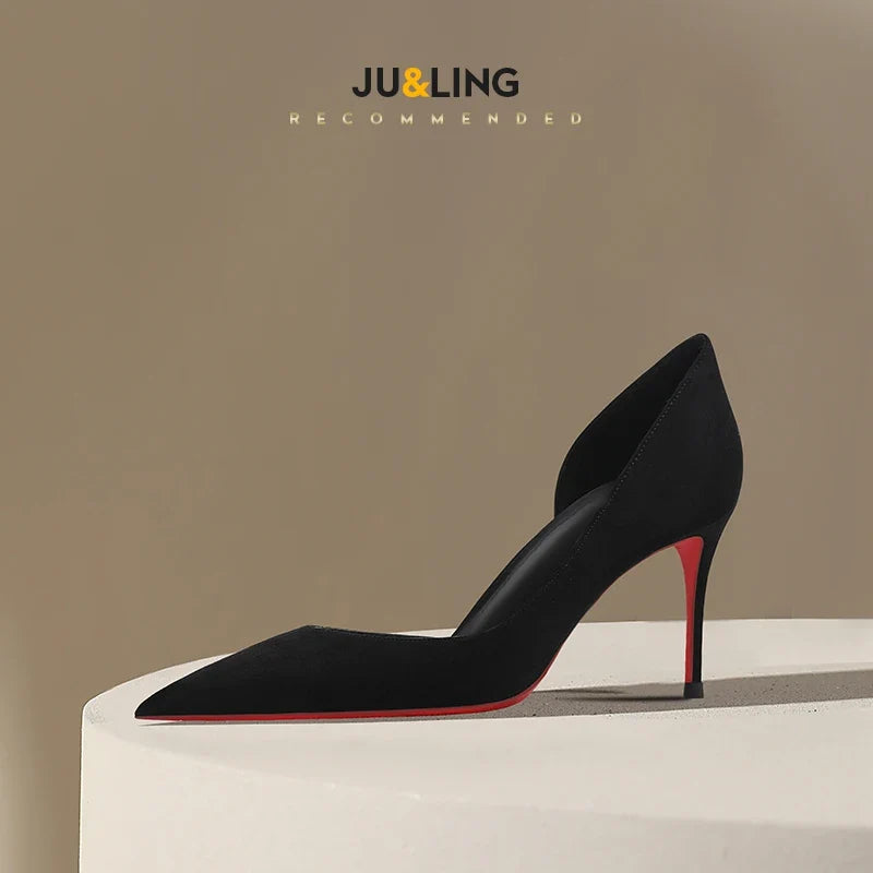 Black Suede Side Empty High Heels Versatile