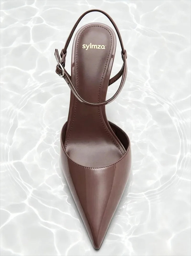 Brown Patent Leather Ankle Buckle Stiletto Sandals