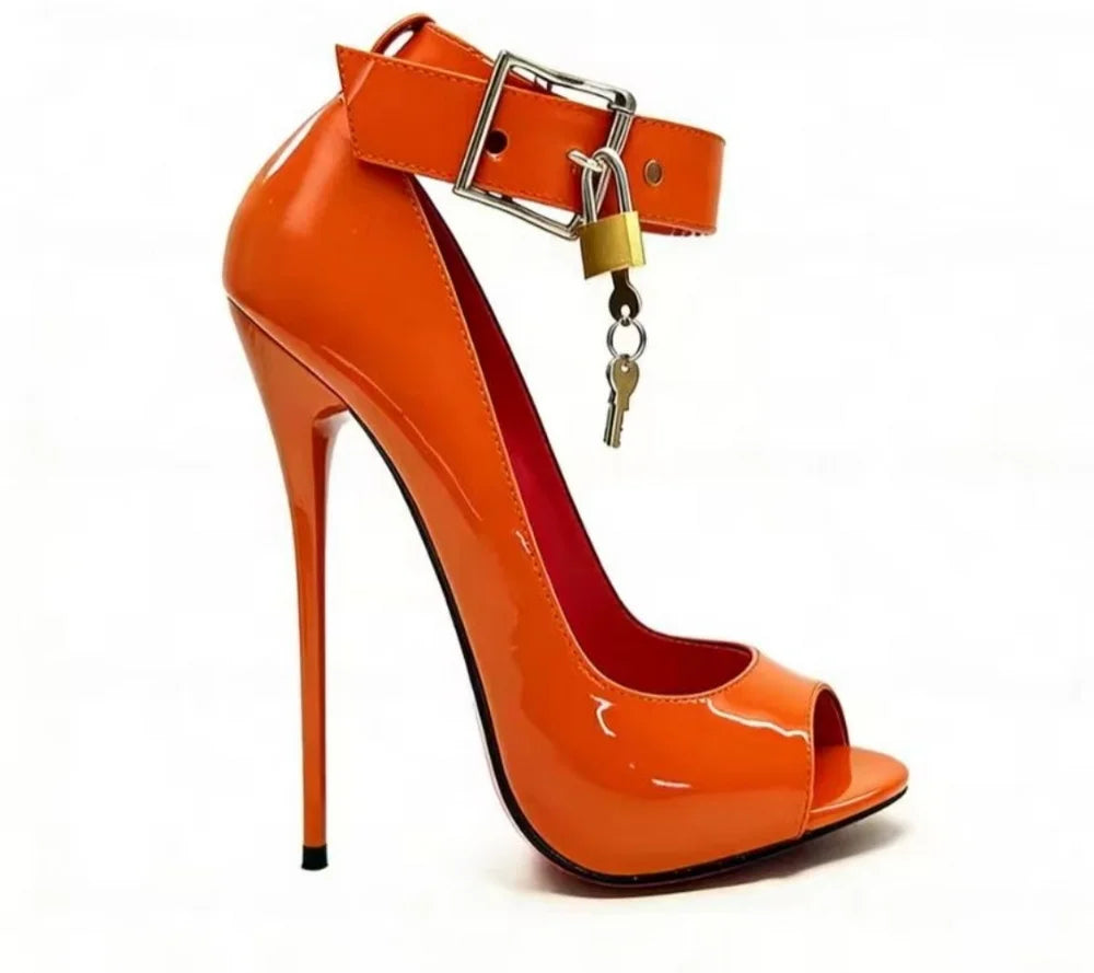 Orange Big Buckle High Heels