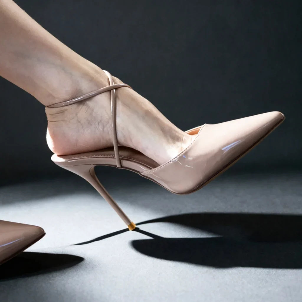 cross strap thin strap French nude high Heels