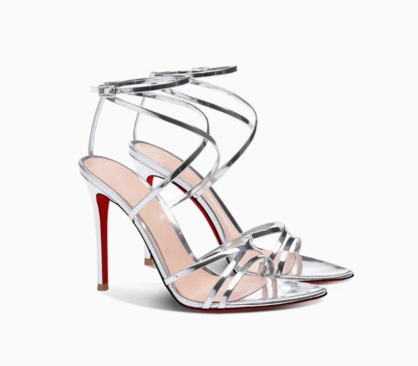 Customized Edition Silver Pointed Toe Cross Straight Strap Sandals