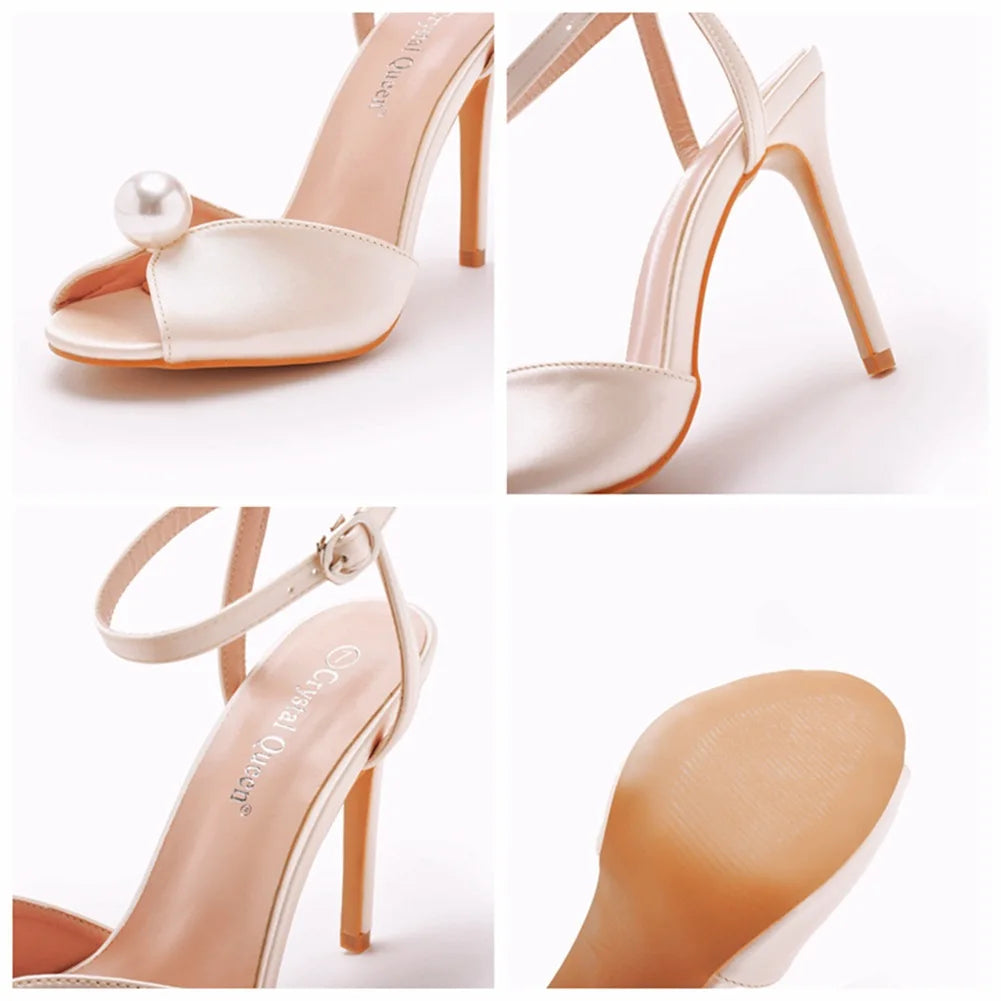 10cm white satin cloth fish mouth pearl thin heel