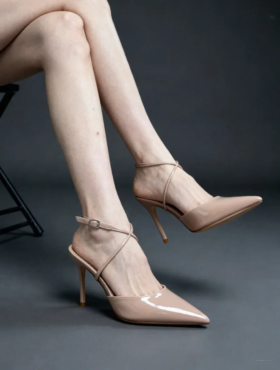cross strap thin strap French nude high Heels