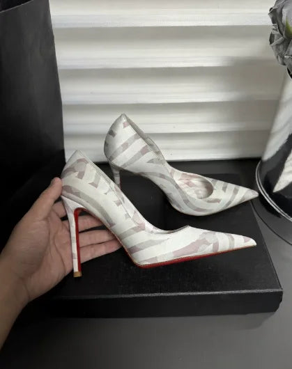 12cm Striped Non Tiring Feet Socialite Pointed Sandals