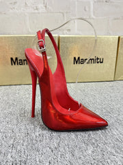 12cm sexy slim heel laser red patent leather pointed back empty shoes high heels women's plus size fashionable sandals