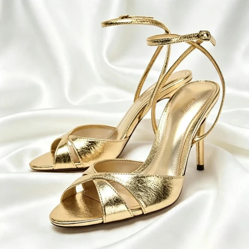 Black Cross Tied Satin Heeled Sandals