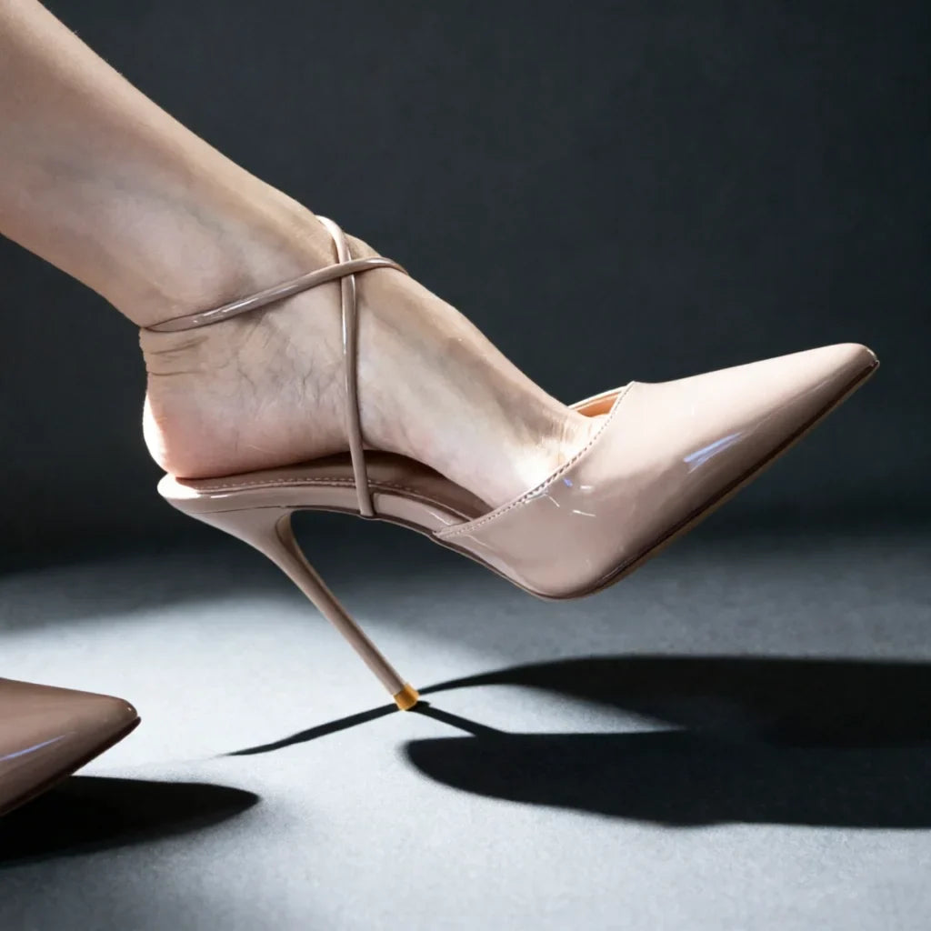cross strap thin strap French nude high Heels