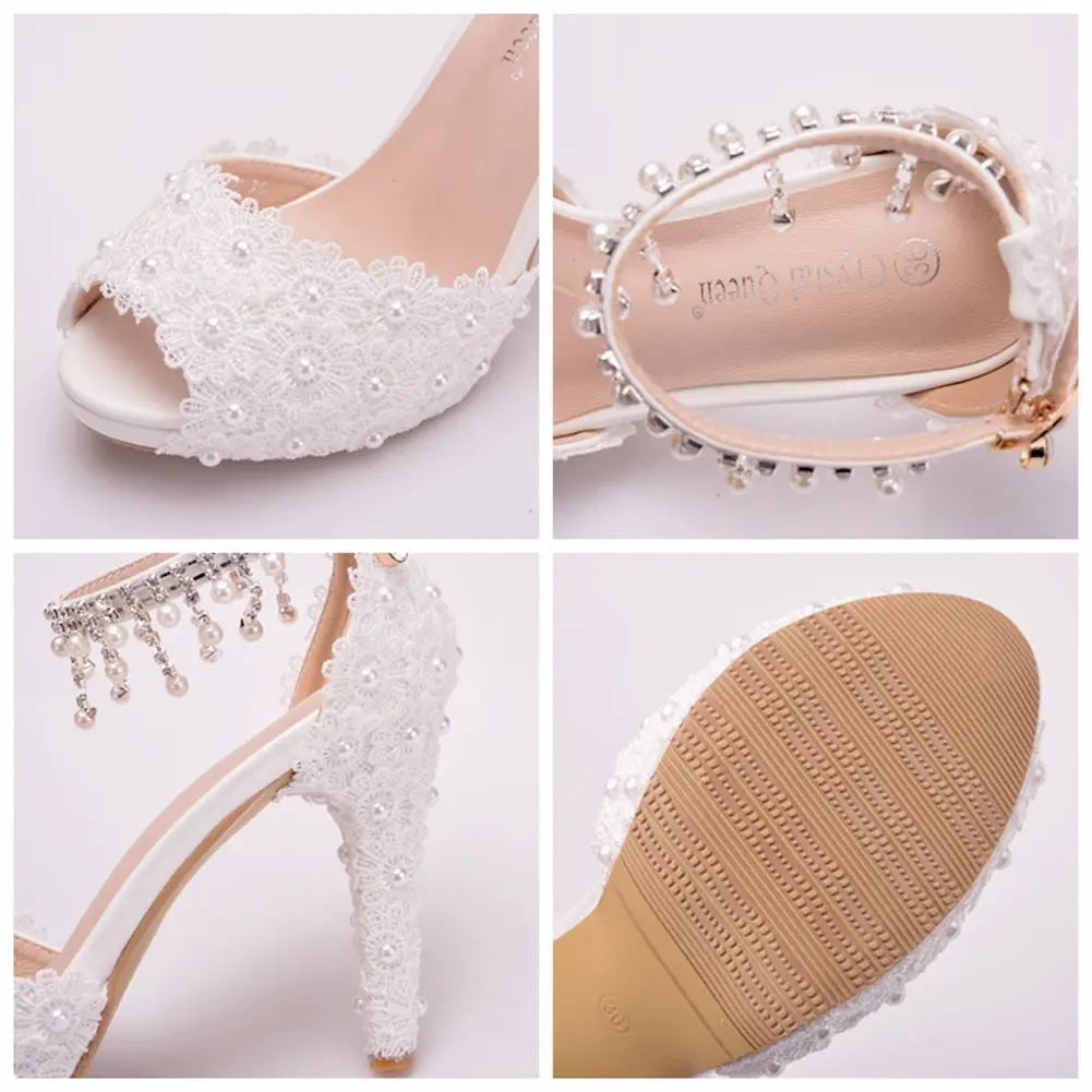 fish mouth white lace beaded thin heel