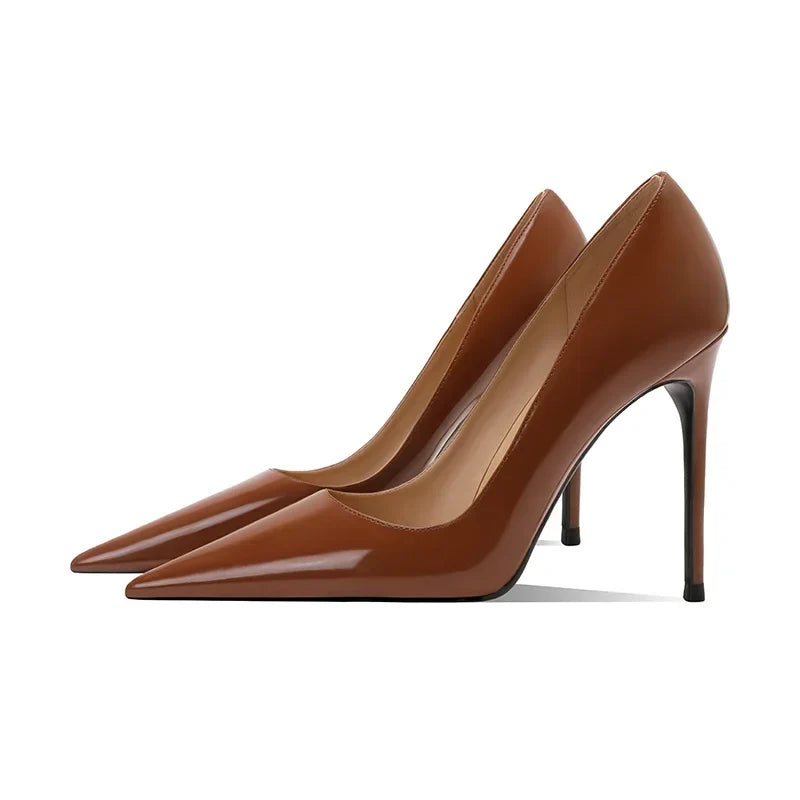 brown patent leather pointed thin heel