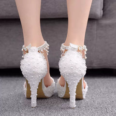fish mouth white lace beaded thin heel