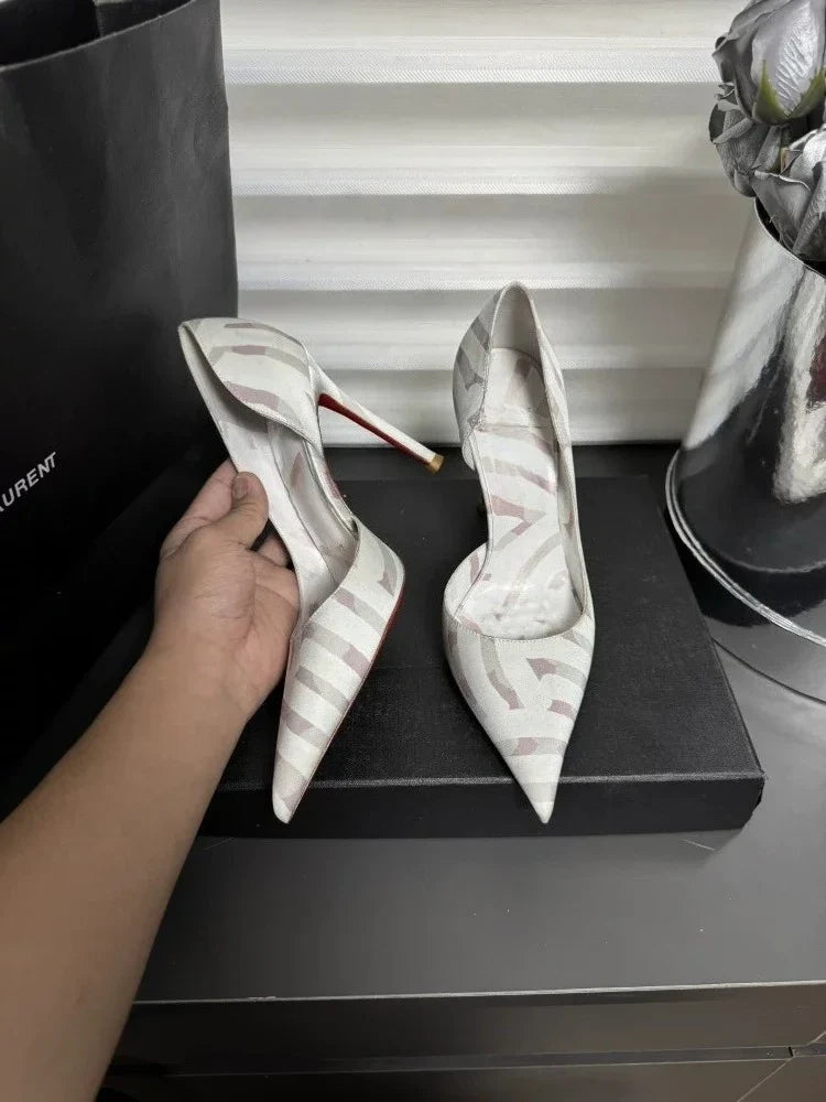 12cm Striped Non Tiring Feet Socialite Pointed Sandals