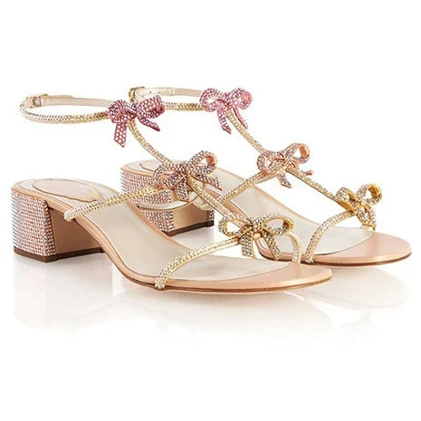 Crystal High-heeled Shoes Female Summer Bow Rhinestone Thick Heel Sandals