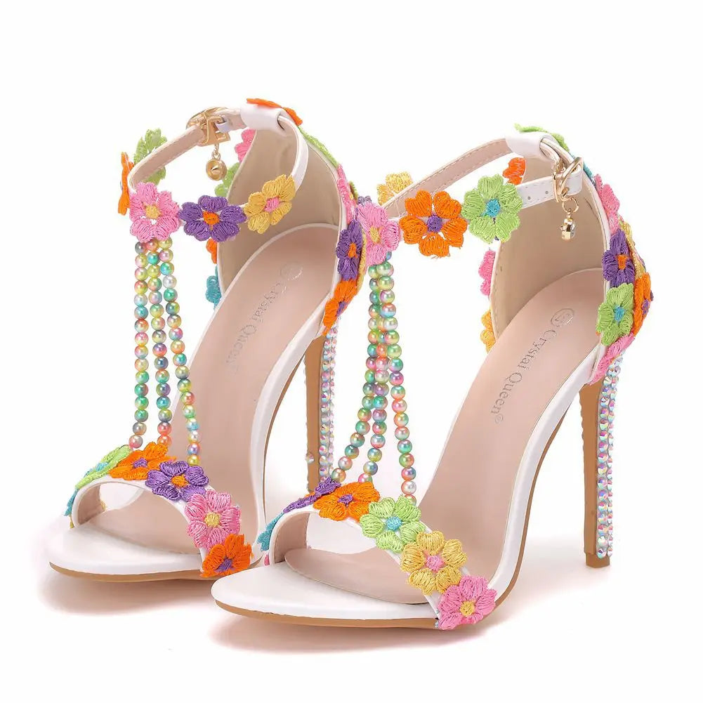 Fish mouth rhinestone lace beaded waterproof platform Sandals