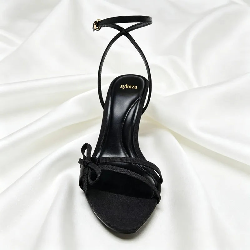 Black Satin Narrow-band Heeled Sandals