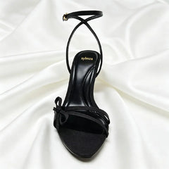Black Satin Narrow-band Heeled Sandals