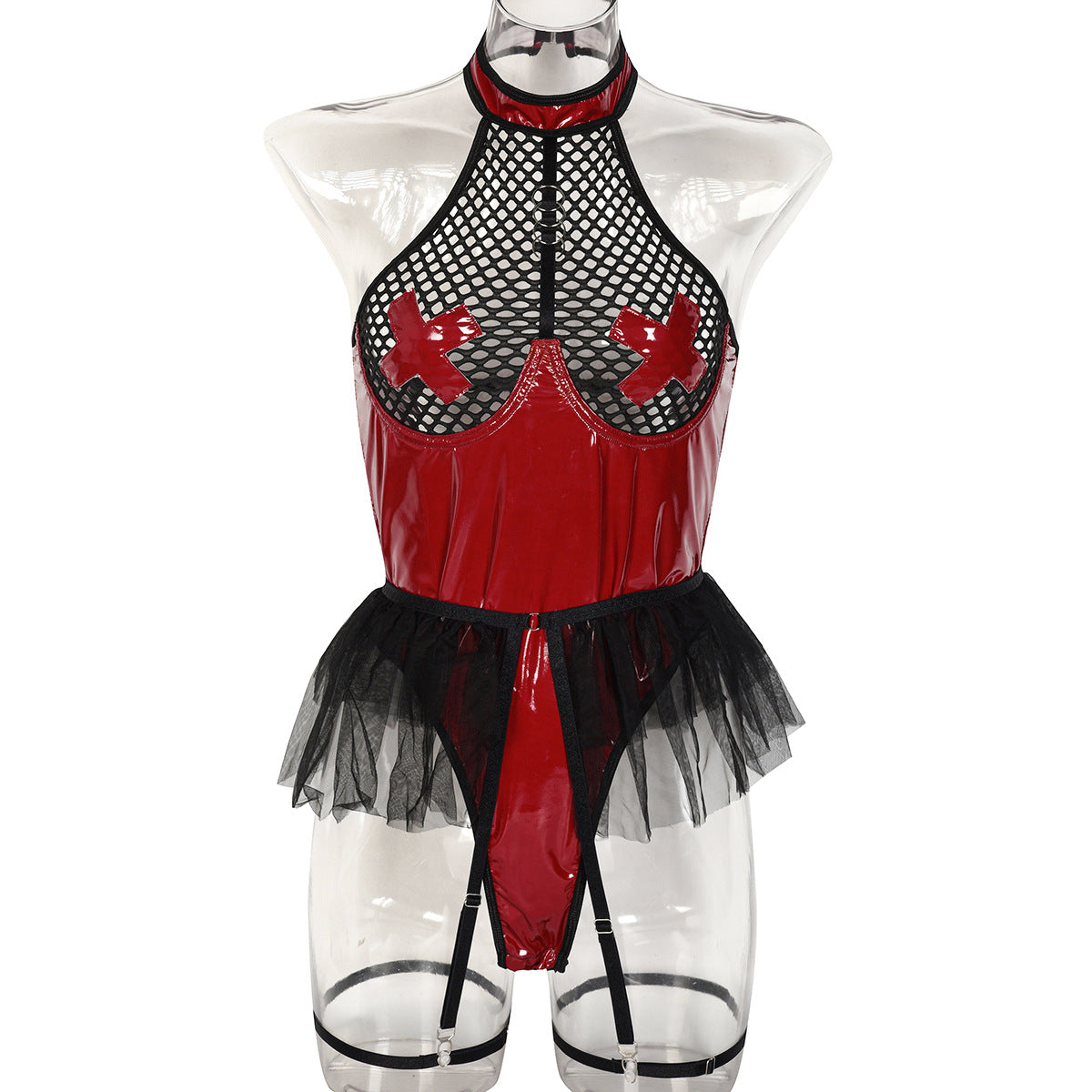 Sexy Red Lingerie Hot Submissive Leather Bodysuit Latex Mesh Fishnet Teddy