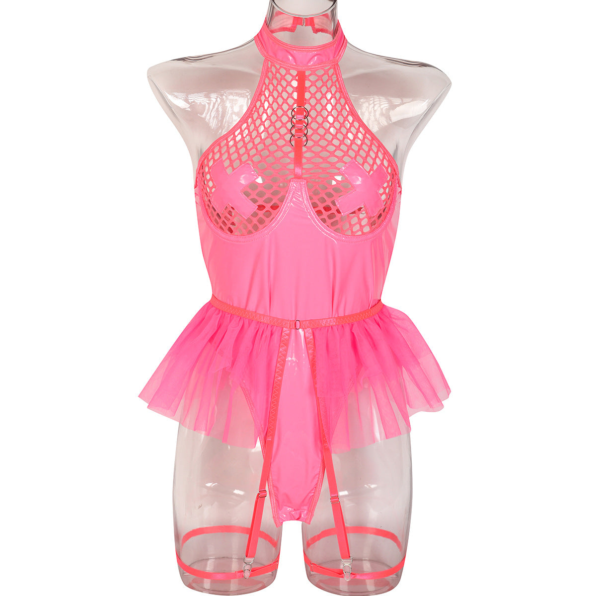 Sexy Red Lingerie Hot Submissive Leather Bodysuit Latex Mesh Fishnet Teddy