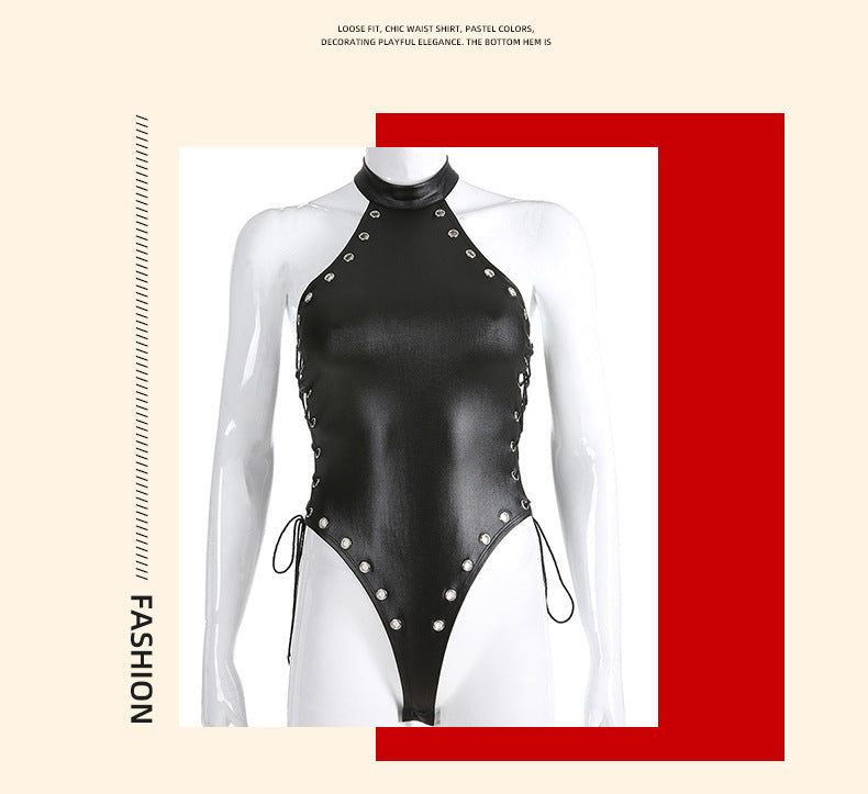 Sexy Womens Black Bodysuit Kinky Leather Lingerie Slutty Teddy