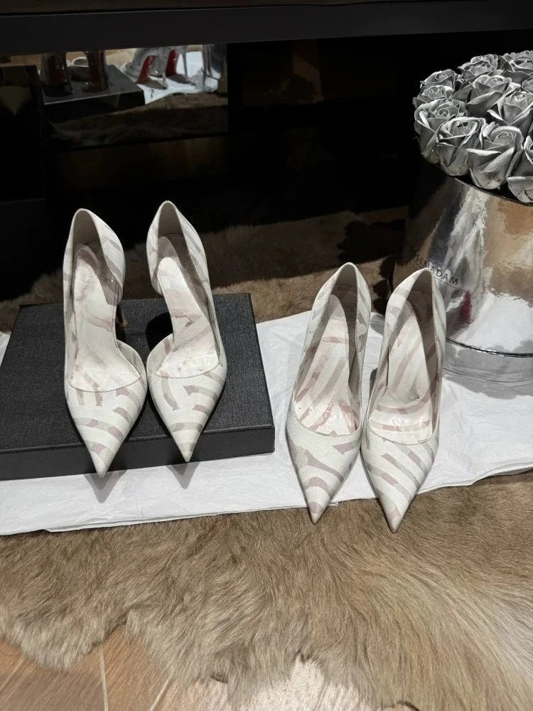12cm Striped Non Tiring Feet Socialite Pointed Sandals