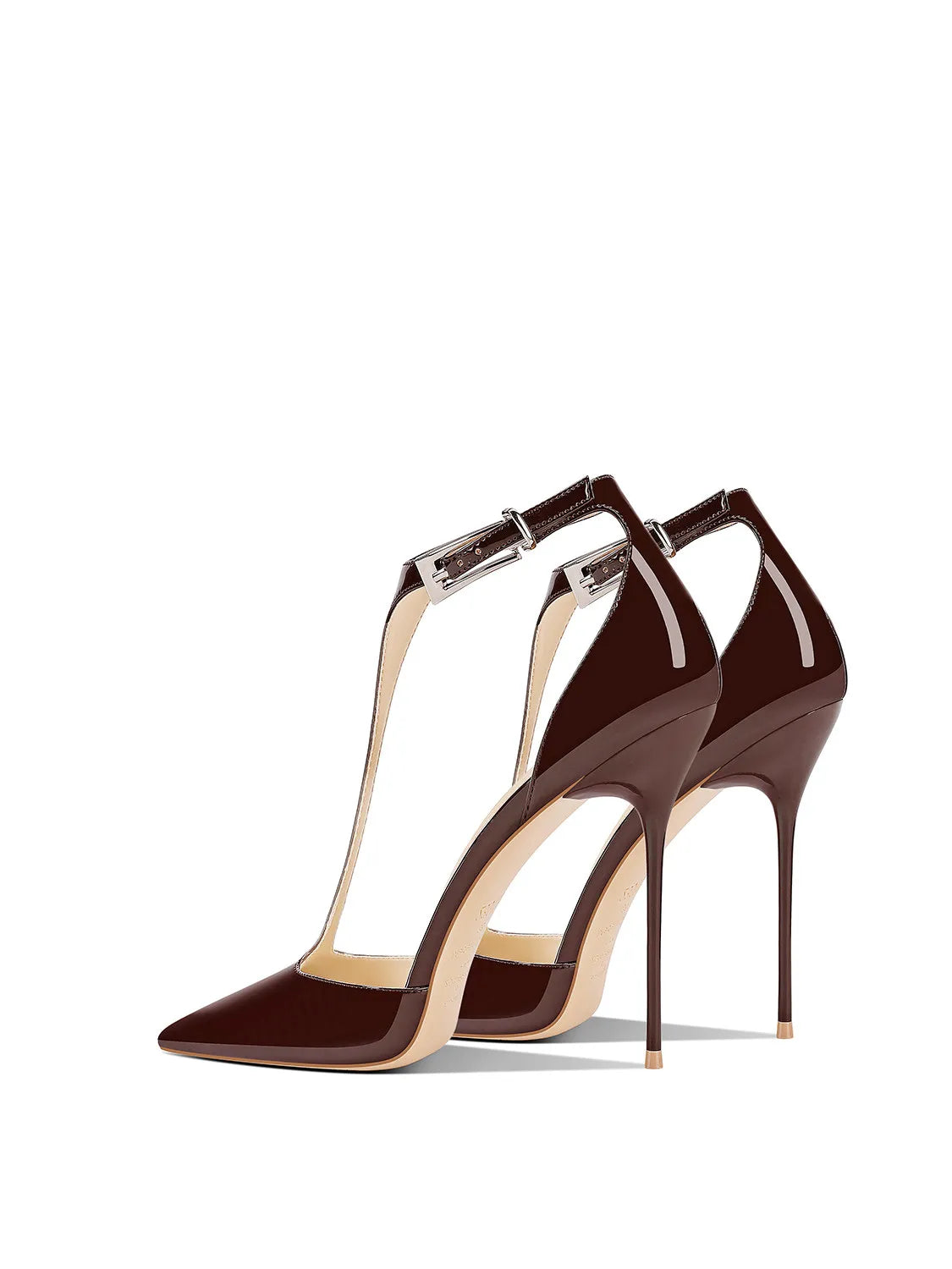 Brown Patent Leather Pointed Thin Heel High-Heeled Shoes