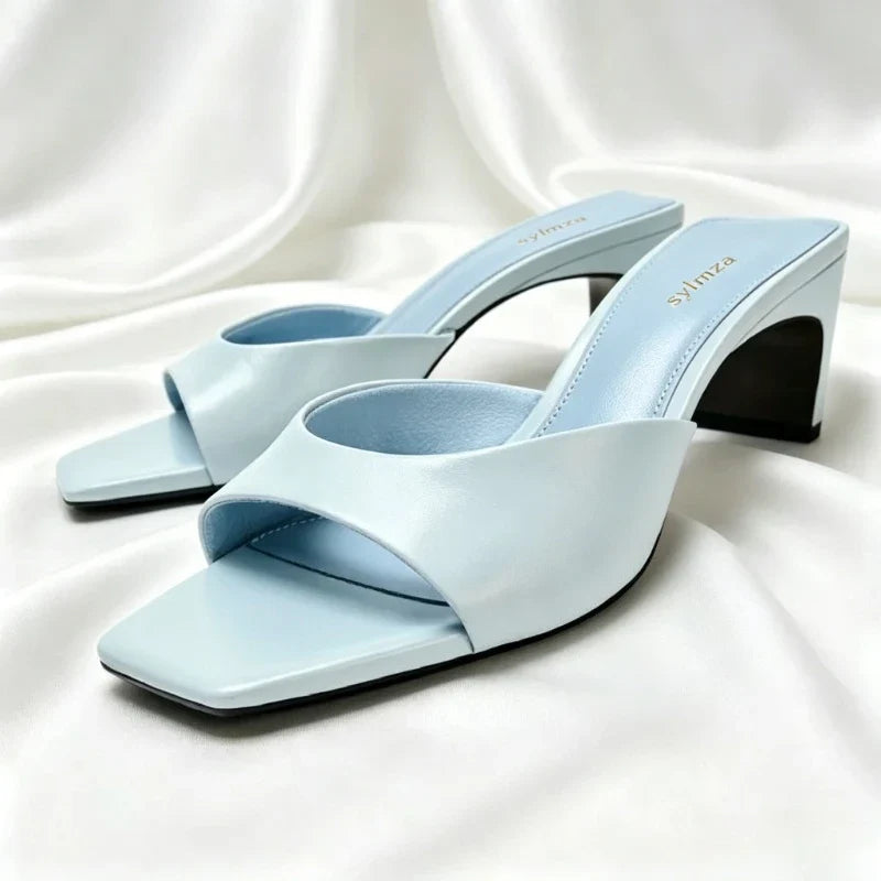 Concise Blue Soft Leather PU Mules Sandals