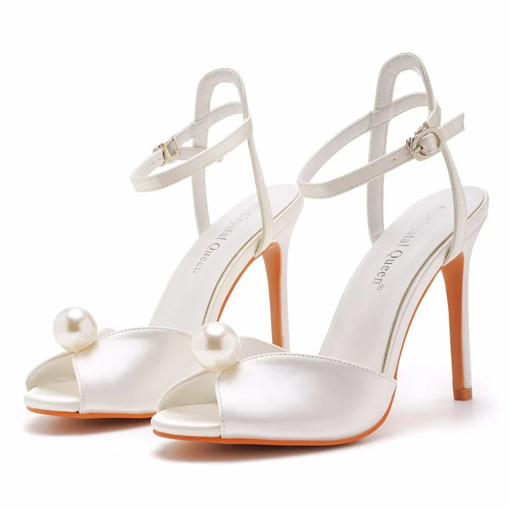 10cm white satin cloth fish mouth pearl thin heel