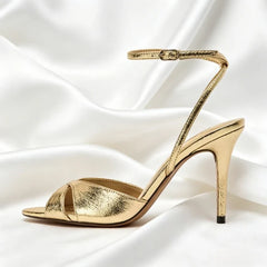 Black Cross Tied Satin Heeled Sandals