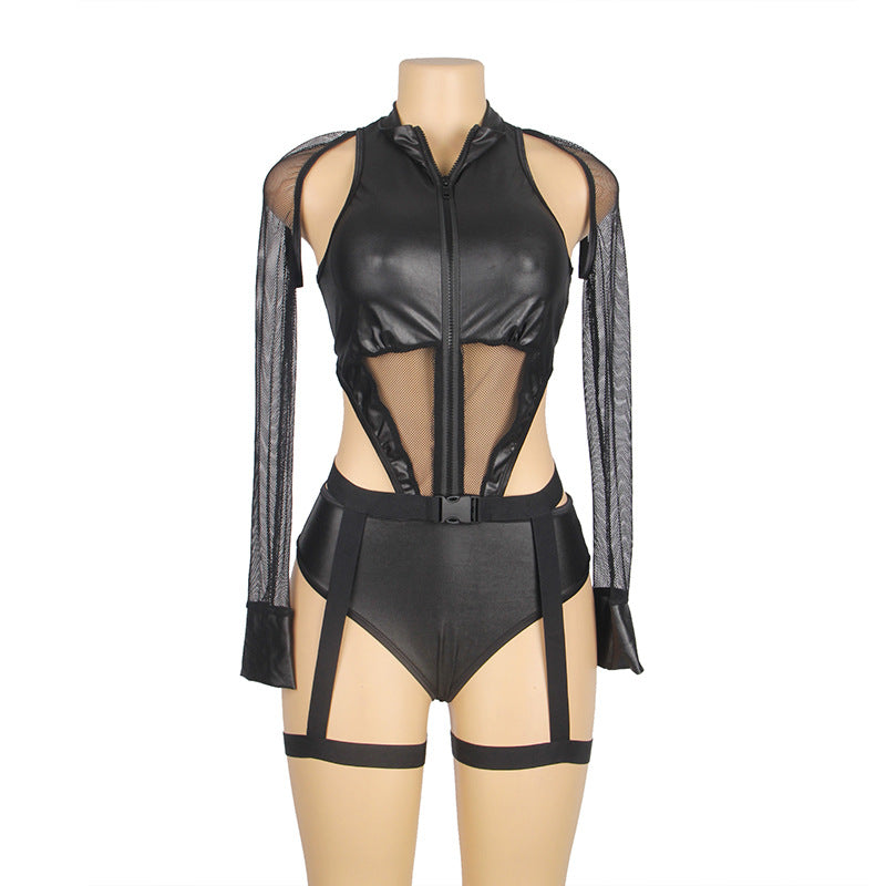 Submissive Leather Bodysuit Sex lingerie for older women Hot Teddy