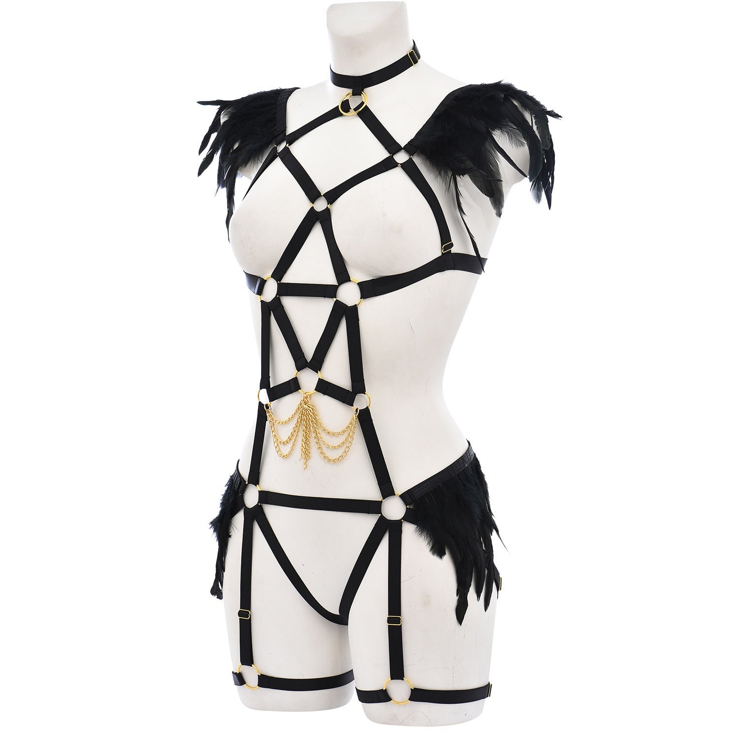 Wife Bodysuit Submissive HubLai Harness Lingerie Feather Bra Panties