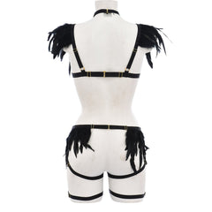 Wife Bodysuit Submissive HubLai Harness Lingerie Feather Bra Panties