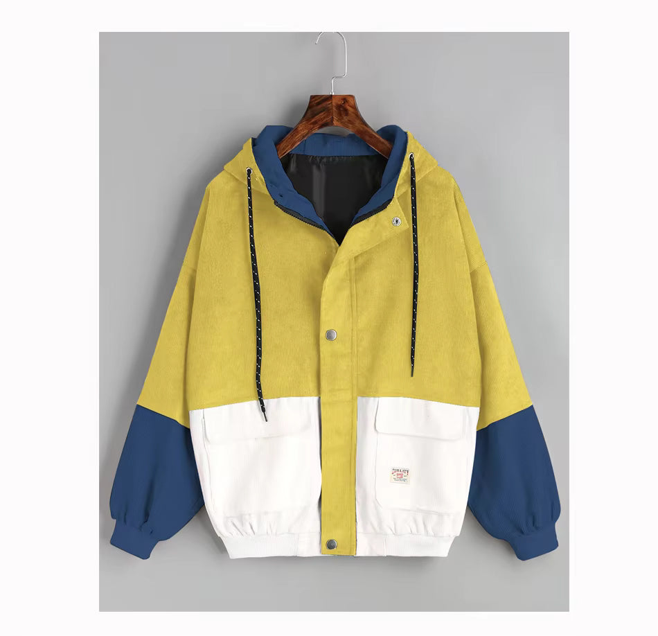 Long Sleeve Cute Colors Combination Hooded Corduroy Jacket